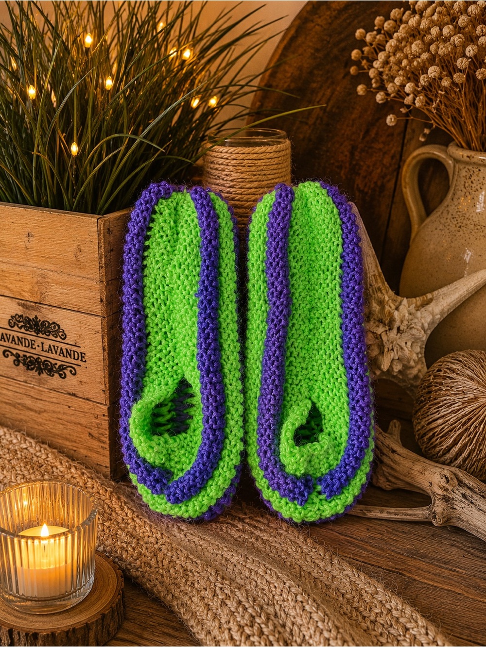 Handmade Green & Purple phentex Knit Women’s Slippers